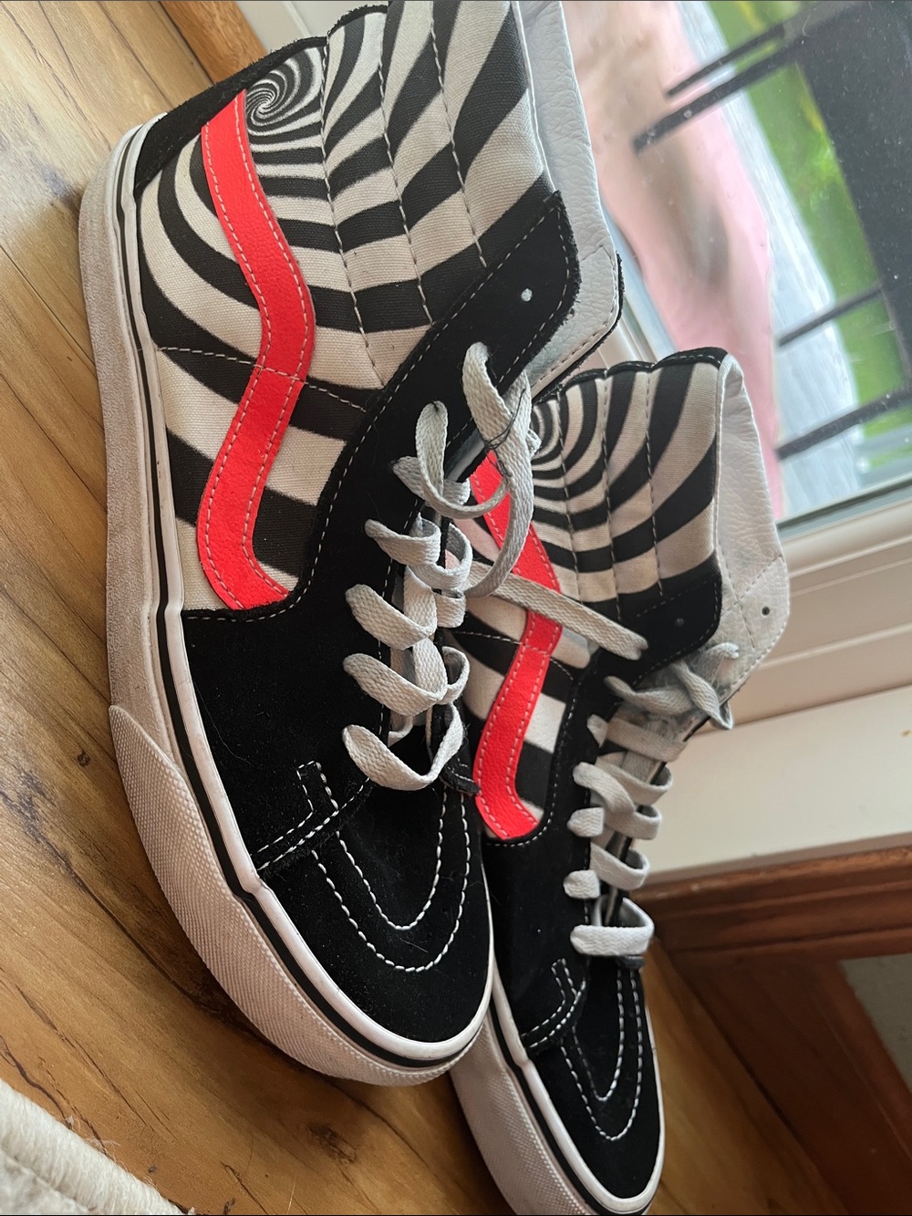 Vans Black & White Swirl High-Top Sneakers with Red Stripe